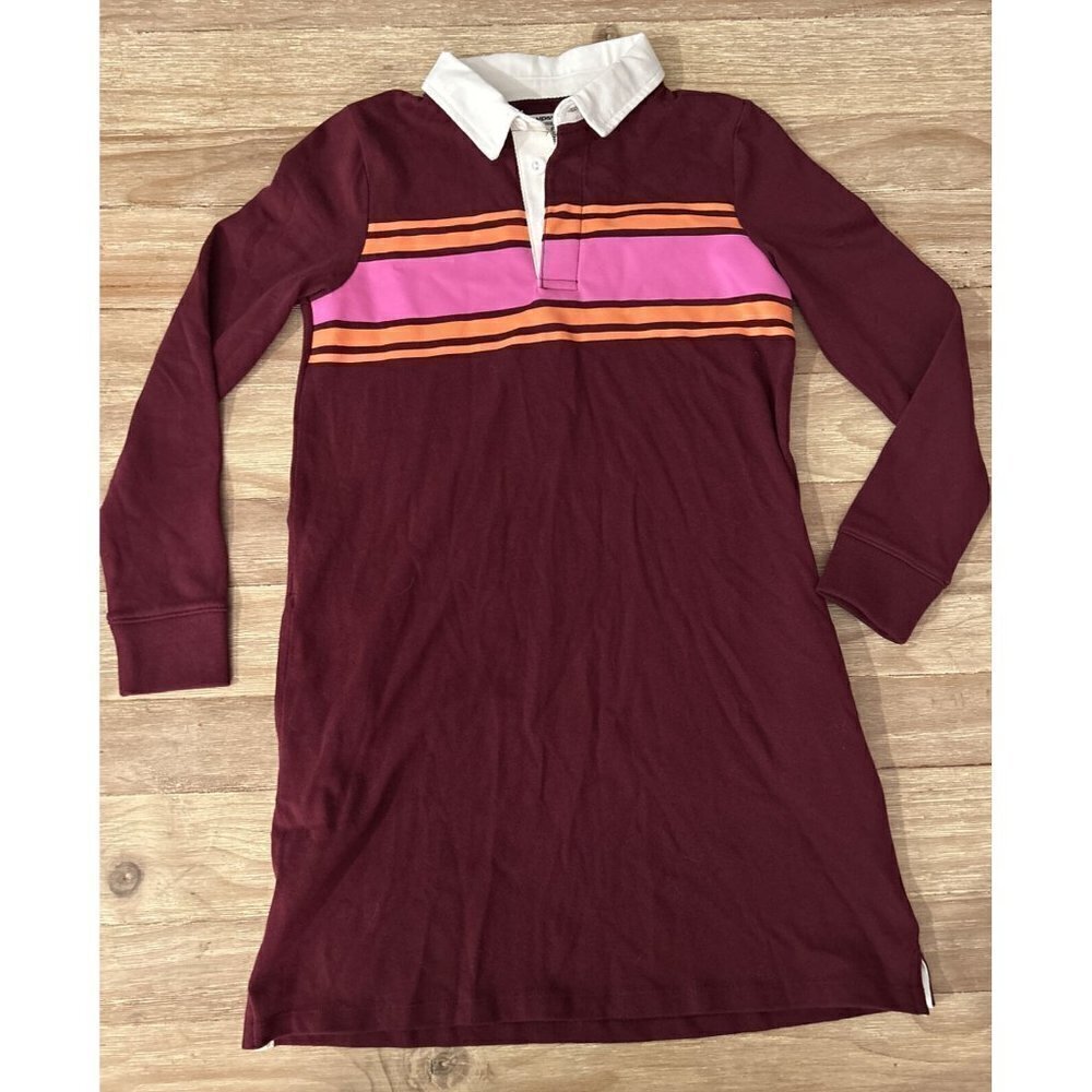 Lands End Girls Medium (10-12) Long Sleeve Rugby Shirt Dress Burgundy Stripe
